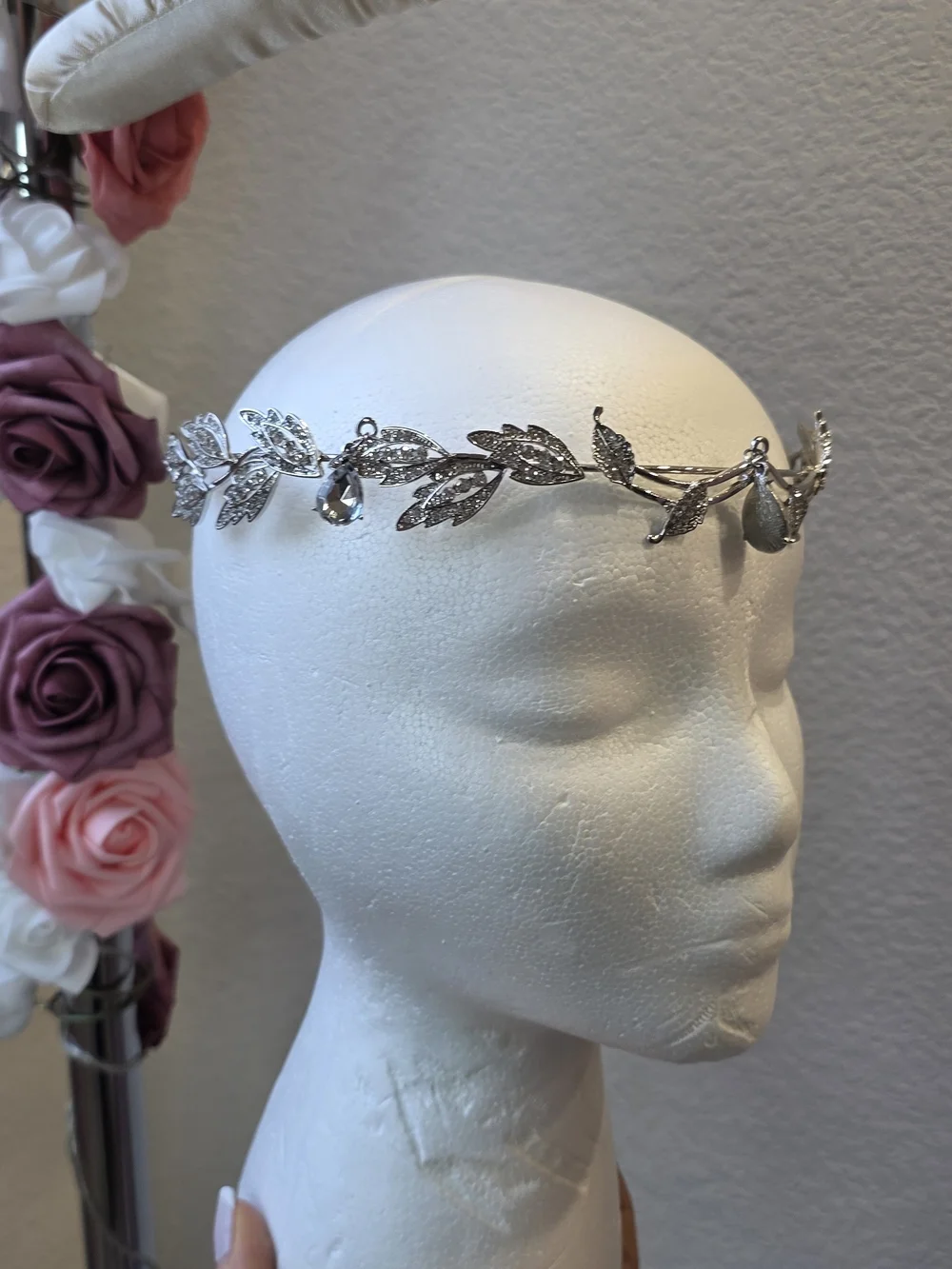 Crystal Leaf Accent Silver Tiara Headband